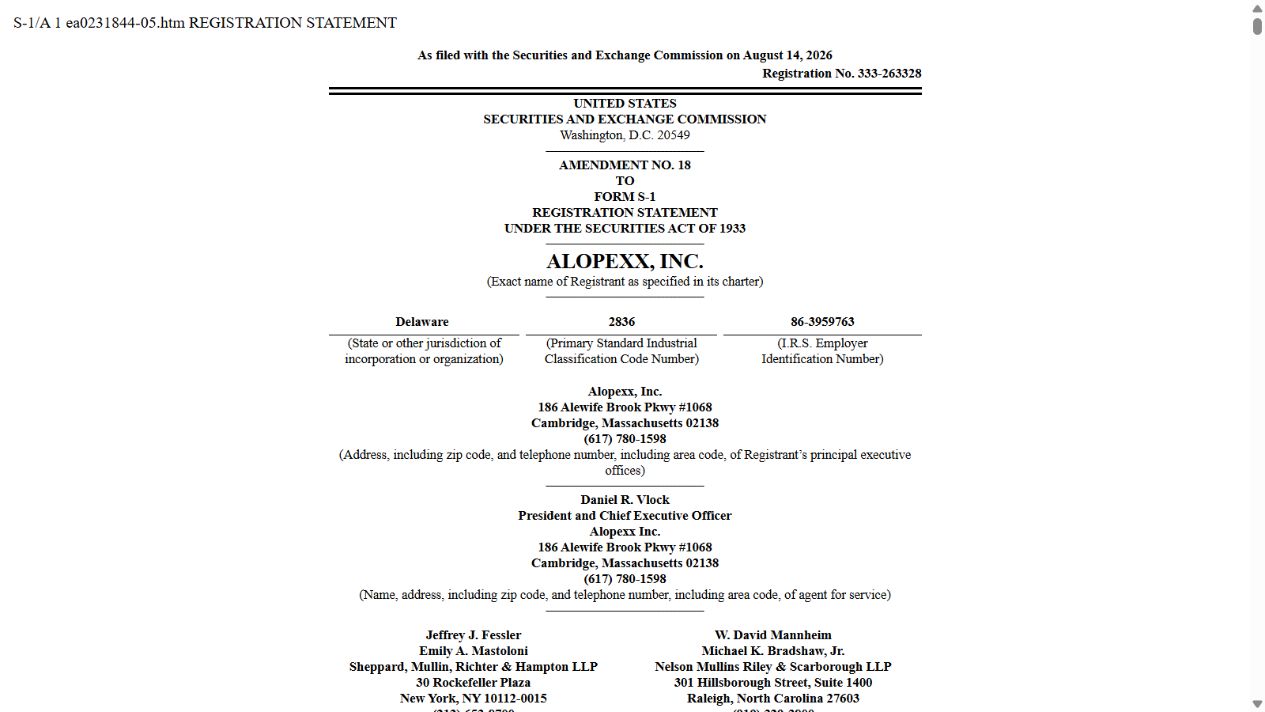 Alopexx, Inc. S-1/A 第一頁