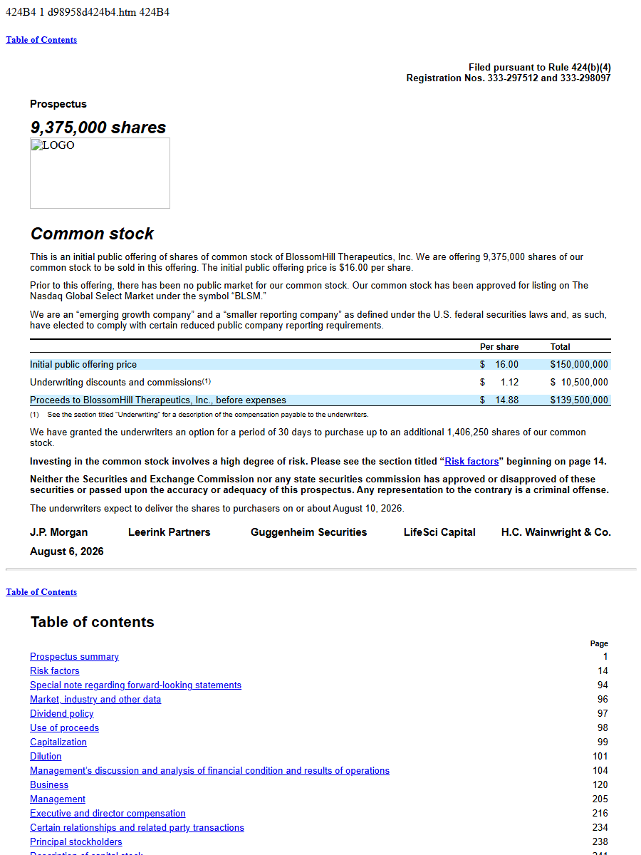 BlossomHill Therapeutics, Inc. 424B4 first page