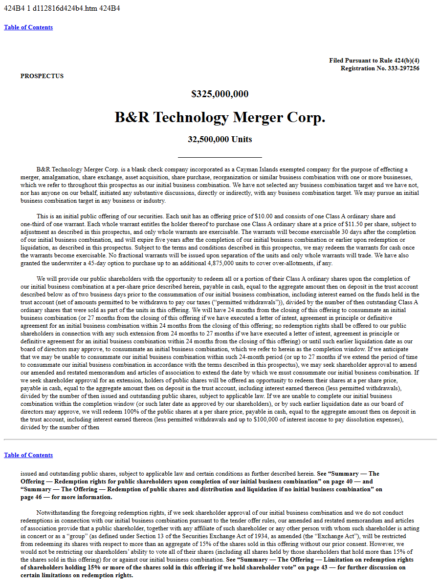 B&R Technology Merger Corp. 424B4 first page