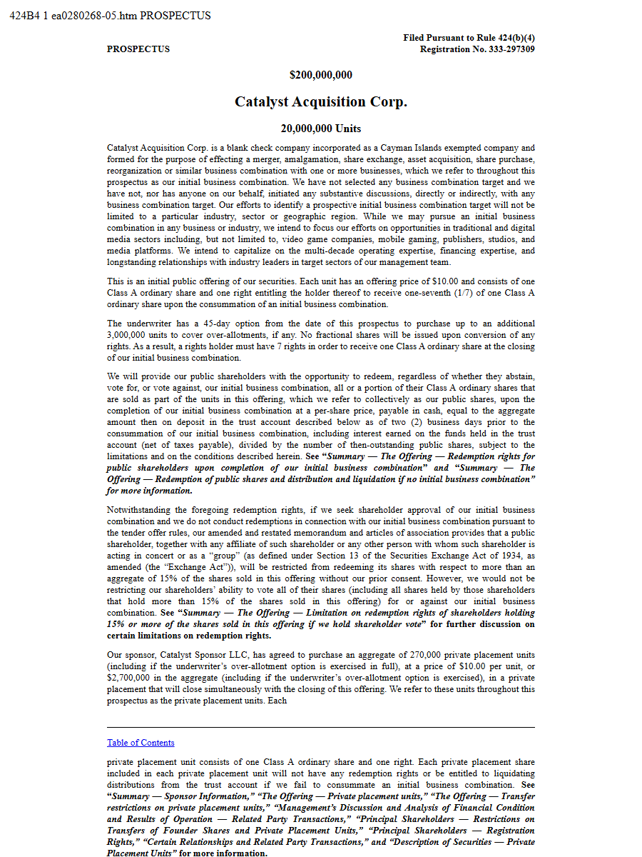 Catalyst Acquisition Corp. 424B4 first page