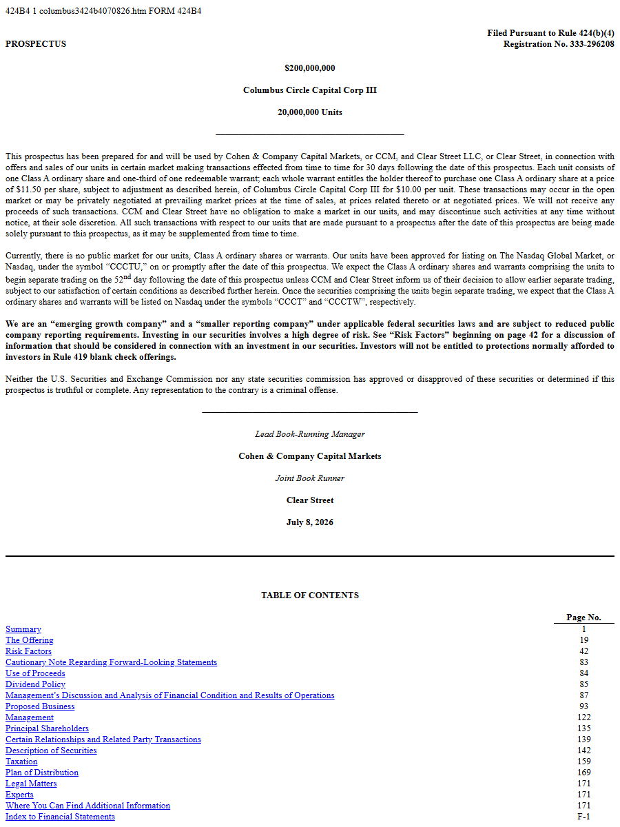 Columbus Circle Capital Corp III 424B4 first page