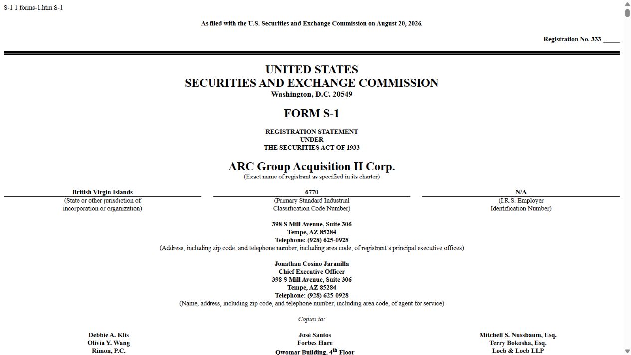 ARC Group Acquisition II Corp. S-1 第一頁