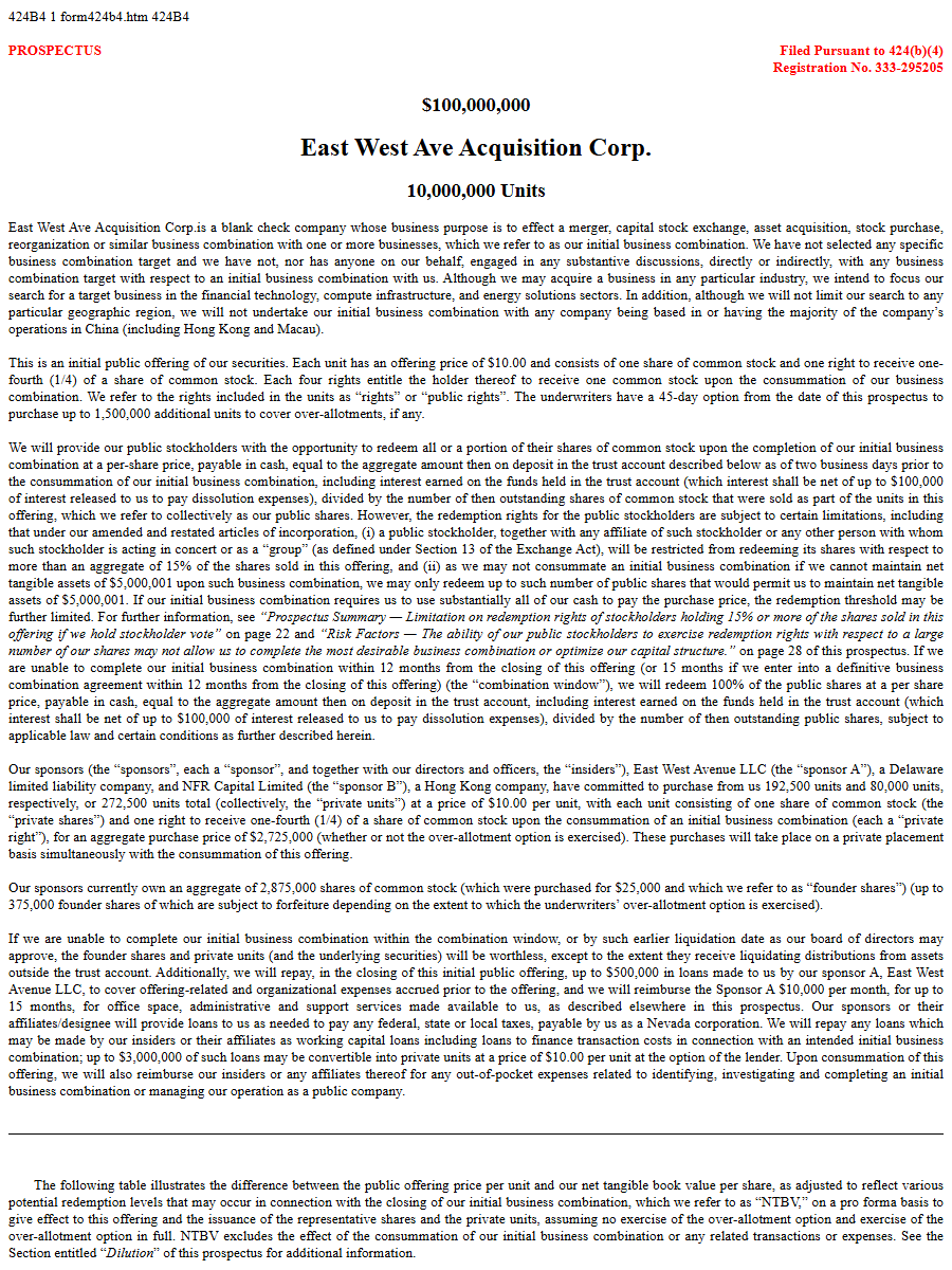 East West Ave Acquisition Corp. 424B4 first page