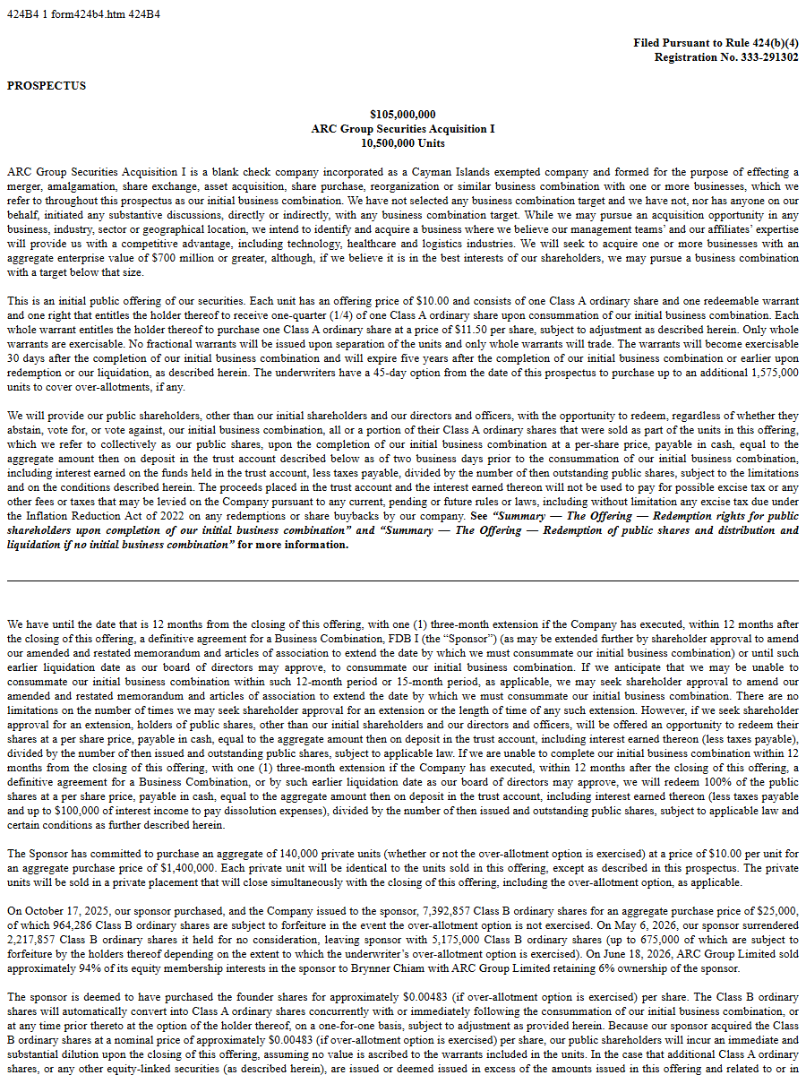 ARC Group Securities Acquisition I 424B4 first page