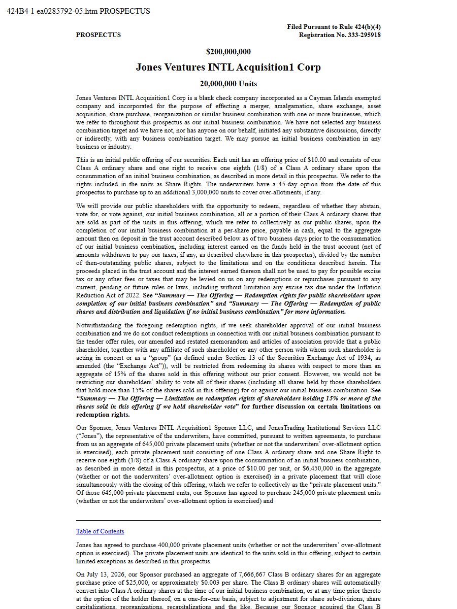 Jones Ventures INTL Acquisition1 Corp 424B4 first page