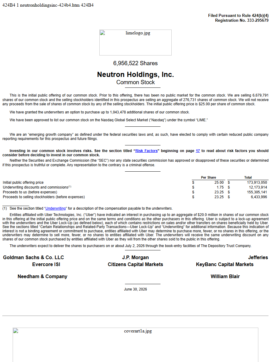 Neutron Holdings, Inc. 424B4 first page