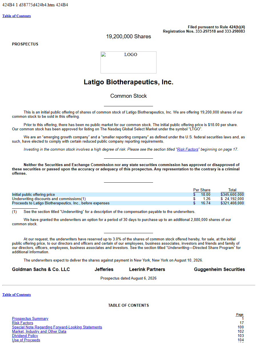 Latigo Biotherapeutics, Inc. 424B4 first page