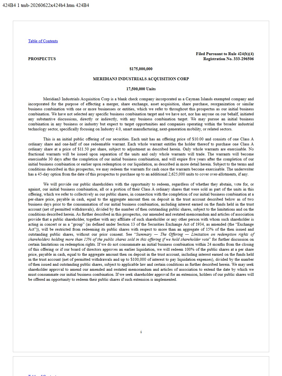Meridian3 Industrials Acquisition Corp 424B4 first page