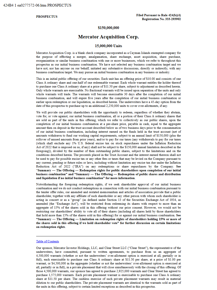 Mercator Acquisition Corp. 424B4 first page