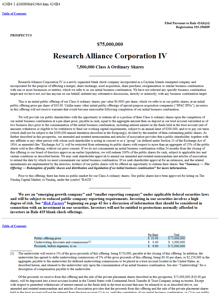 Research Alliance Corp IV 424B4 first page