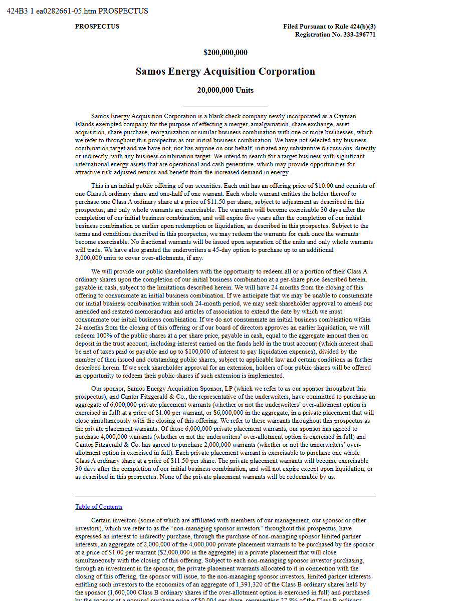 Samos Energy Acquisition Corp 424B3 first page
