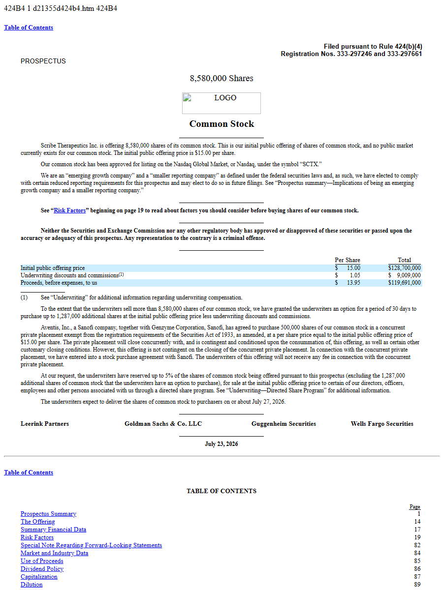 Scribe Therapeutics, Inc. 424B4 first page