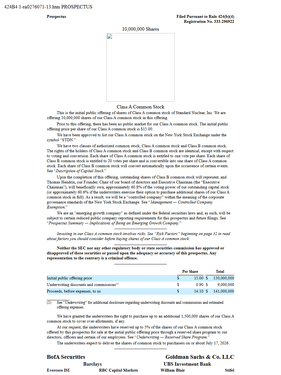 Standard Nuclear, Inc. 424B4 first page