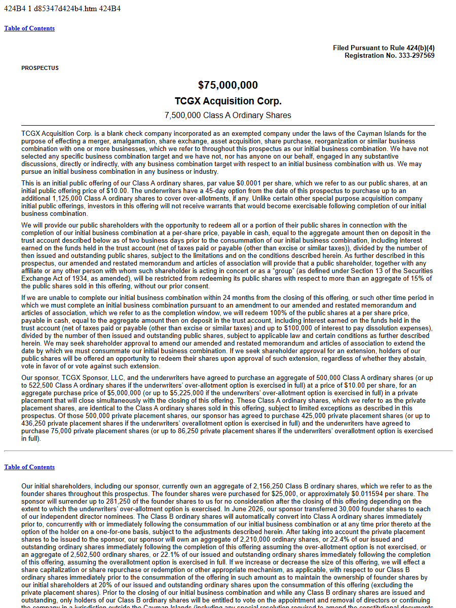 TCGX Acquisition Corp. 424B4 first page