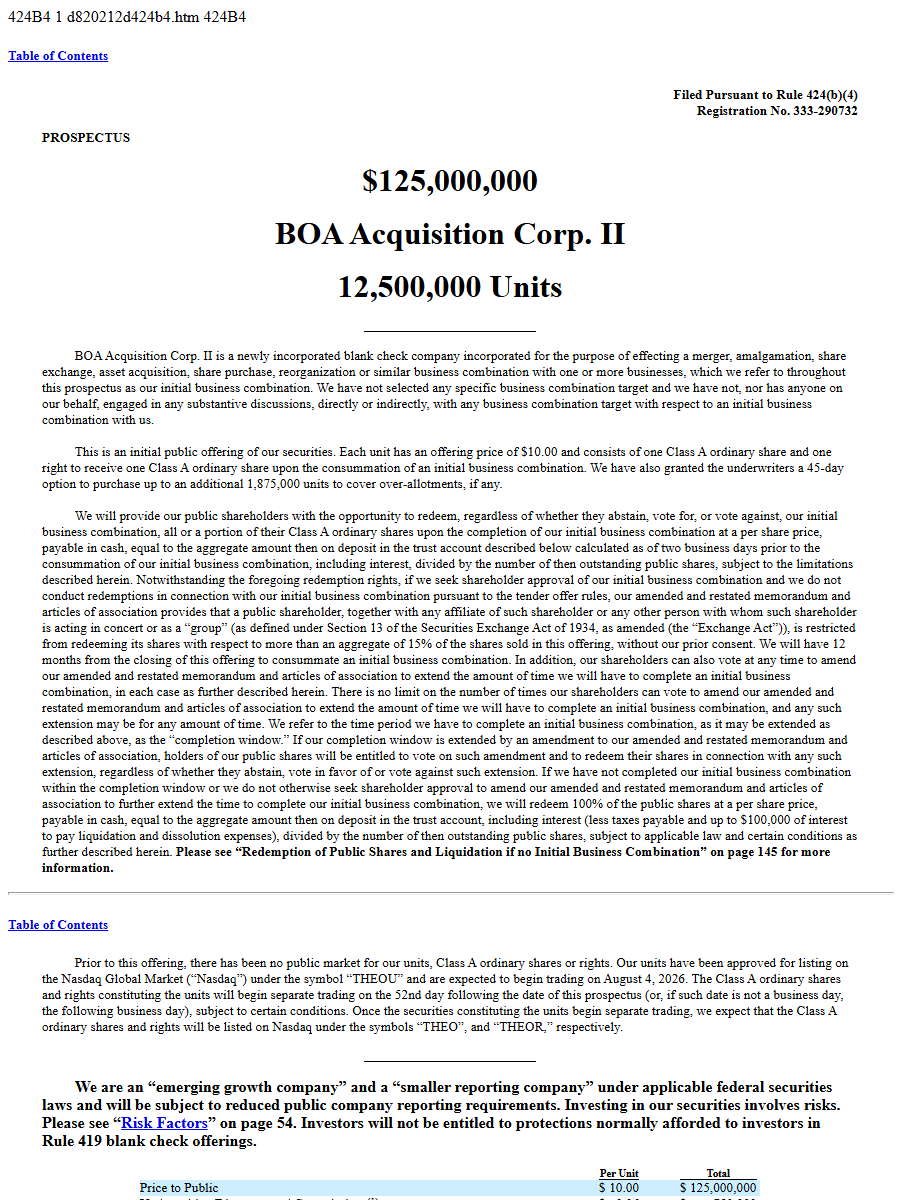 BOA Acquisition Corp. II 424B4 first page
