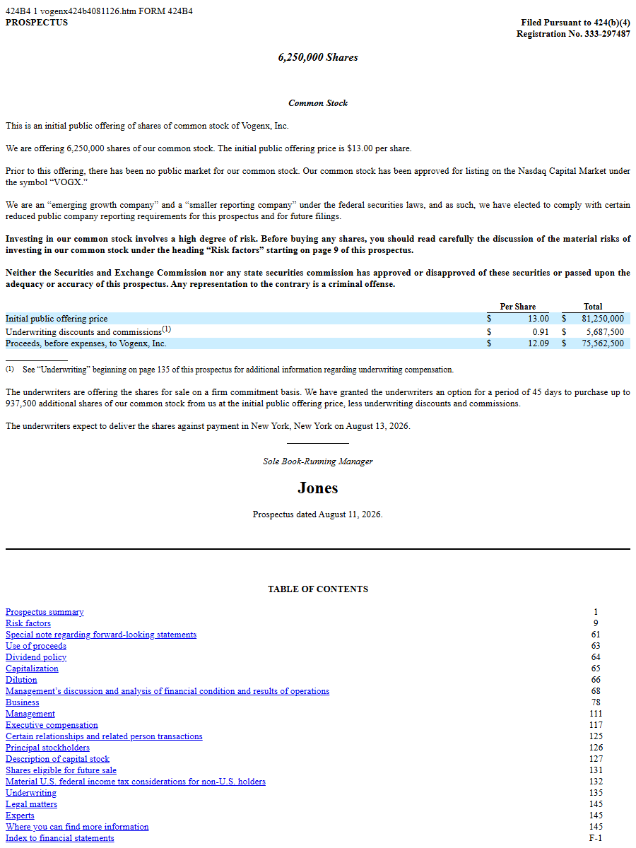 Vogenx, Inc. 424B4 first page