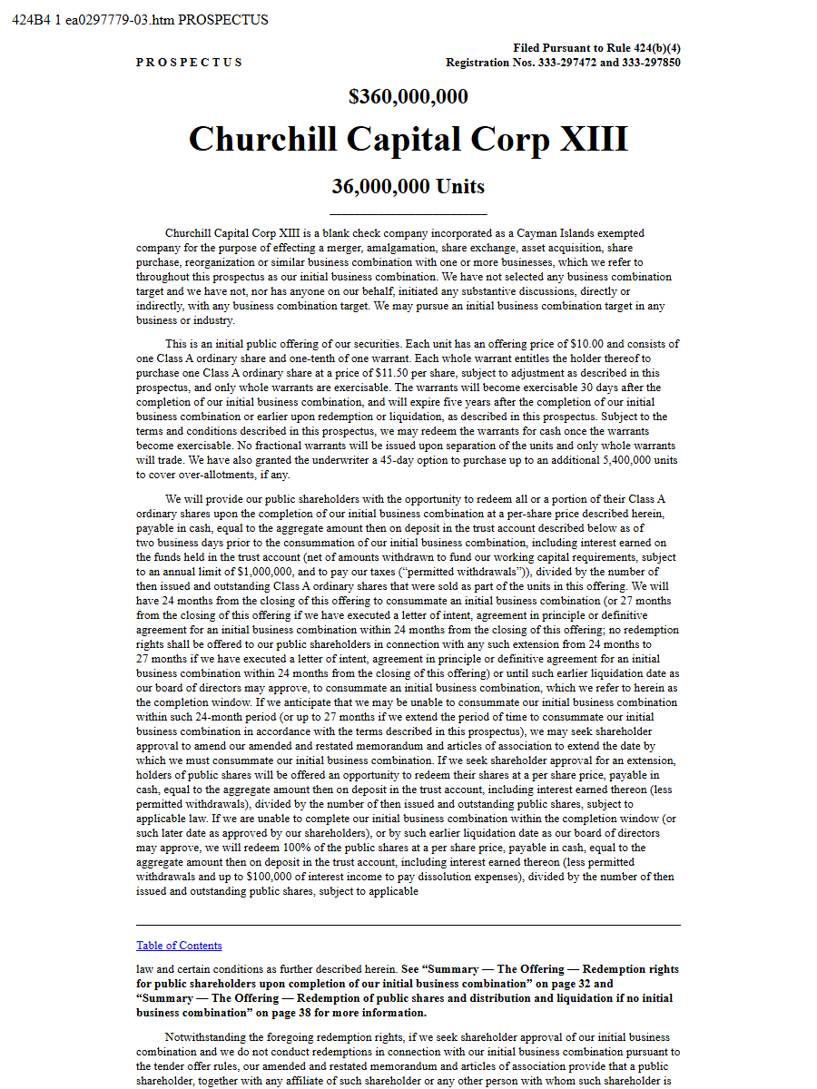 Churchill Capital Corp XIII 424B4 first page