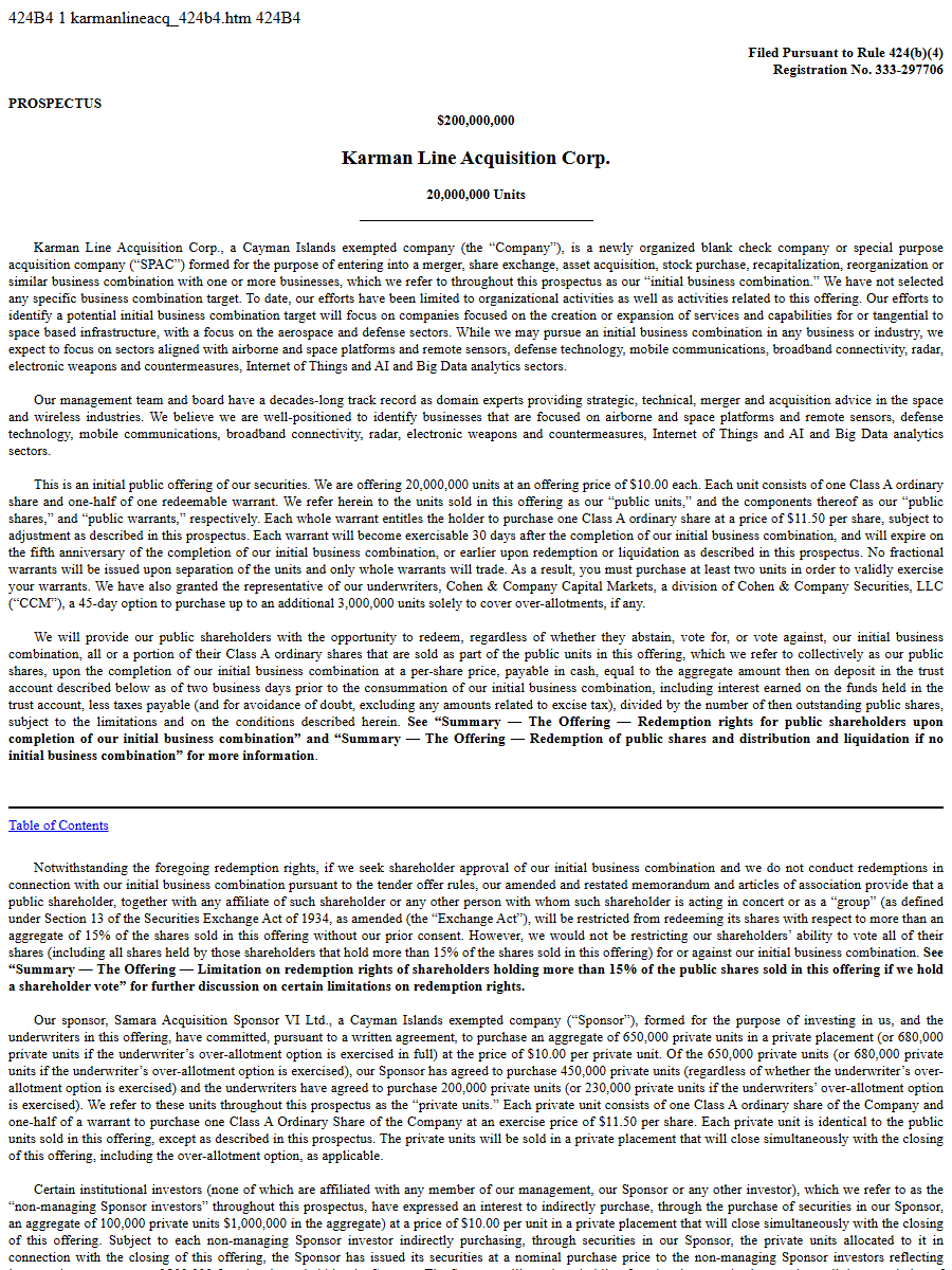 Karman Line Acquisition Corp. 424B4 first page